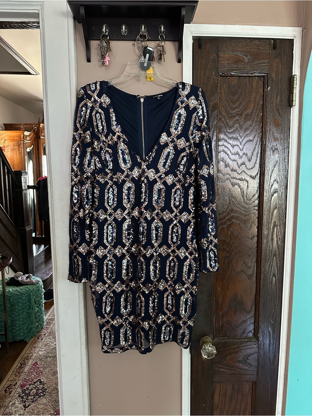 Fashion Nova Navy & Gold Long Sleeve Sequin Geometric Dress